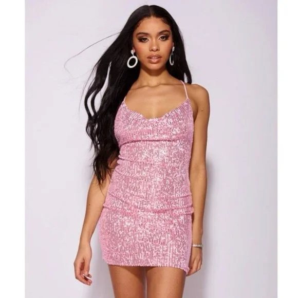 Pink Sequins Sleeveless Cowl Neck Open Back Backless Bodycon Mini Dress - Picture 13 of 16